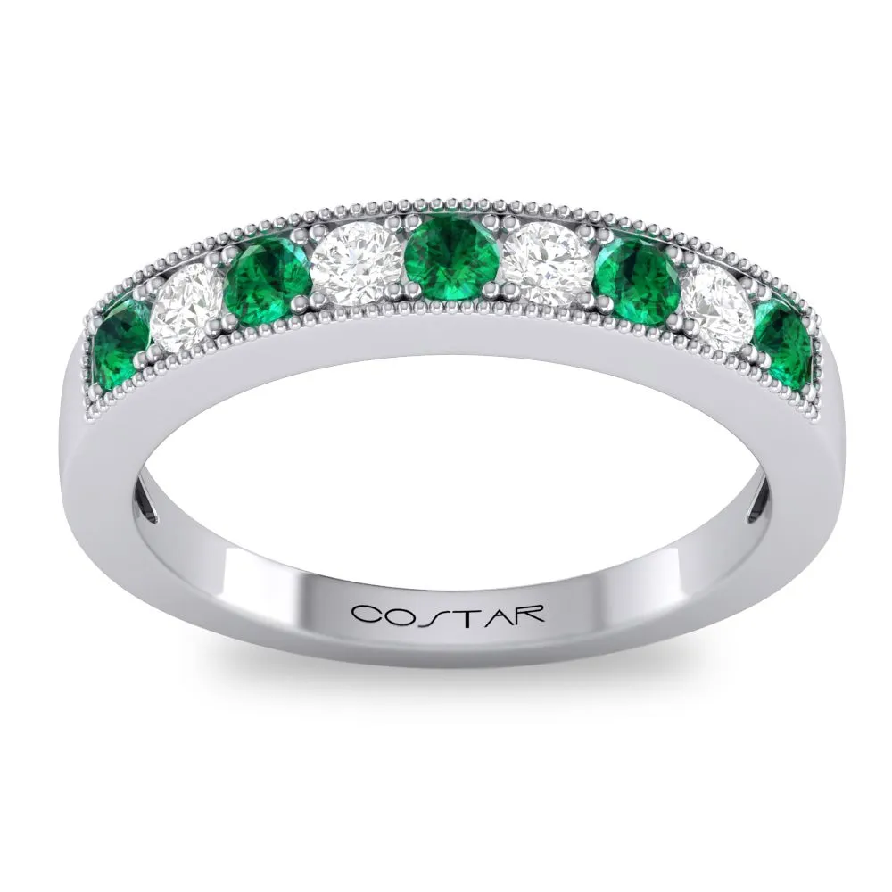14k White Gold Emerald & Diamond Wedding Band