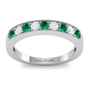 14k White Gold Emerald & Diamond Wedding Band