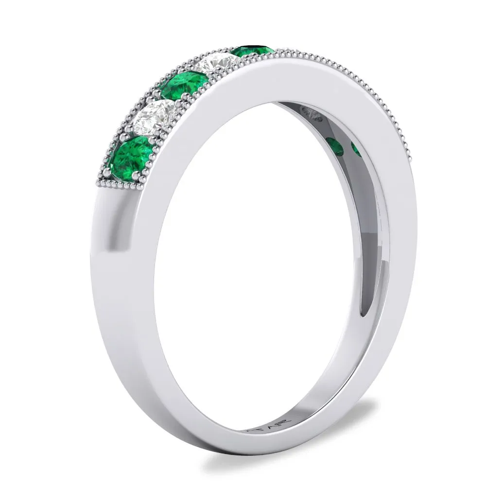 14k White Gold Emerald & Diamond Wedding Band