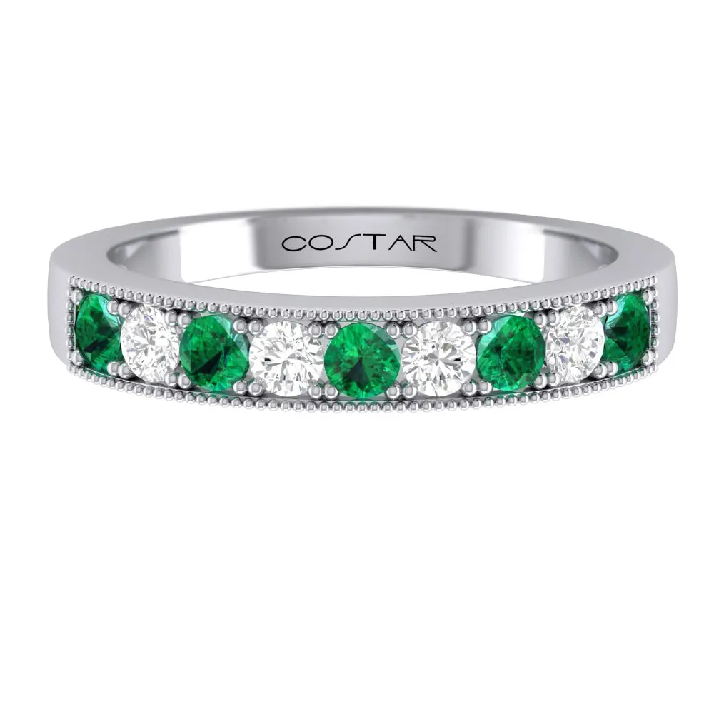 14k White Gold Emerald & Diamond Wedding Band