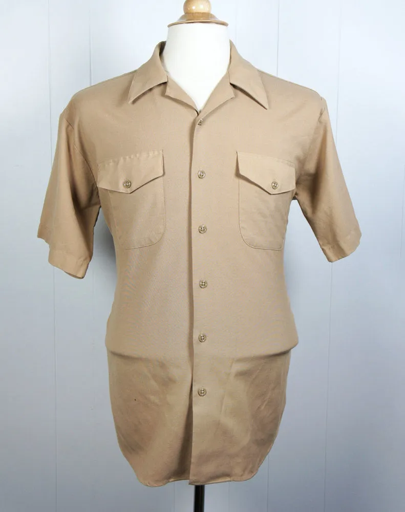 1960's Tan Button Up Work Shirt - Short Sleeve, Size L
