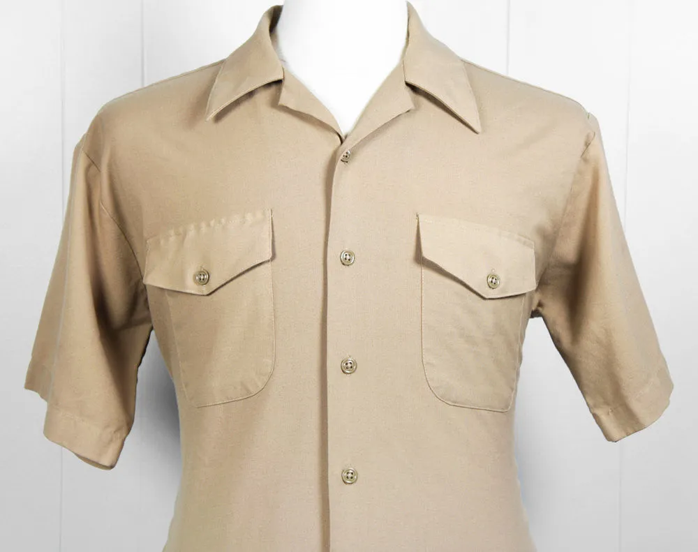 1960's Tan Button Up Work Shirt - Short Sleeve, Size L