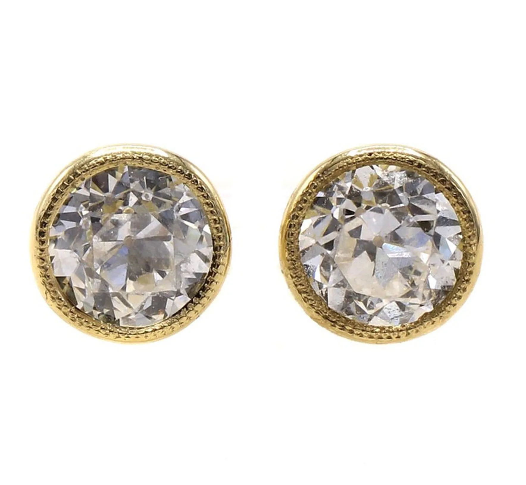 2 Carat E Color Old European Cut Diamond 18 Karat Gold Stud Earrings