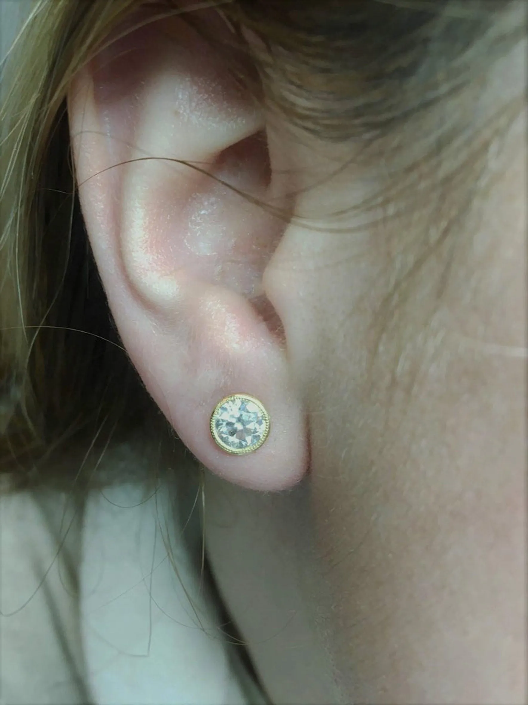 2 Carat E Color Old European Cut Diamond 18 Karat Gold Stud Earrings