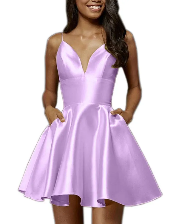 2018 Purple Satin Homecoming Dresses V-Neck Sexy Short Cocktail Dresses Backless Party Gowns