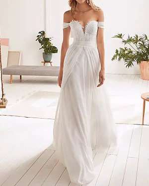 2019 White Wedding Dresses A line Off The Shoulder Modest Lace Chiffon Wedding Bridal Gowns
