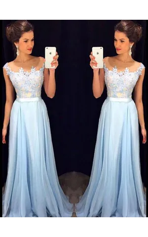 A-Line Princess Sleeveless Sheer Neck Applique Chiffon Sweep Brush Train Dresses-317438