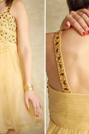 A-line Spaghetti Strap Knee Length Tulle Rhinestone Prom Dress
