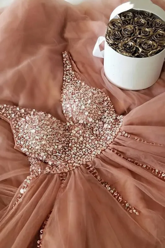 A Line V-Neck Cross Back Sequined Tulle Long Prom, Formal, Evening Dress