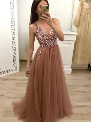 A Line V-Neck Cross Back Sequined Tulle Long Prom, Formal, Evening Dress