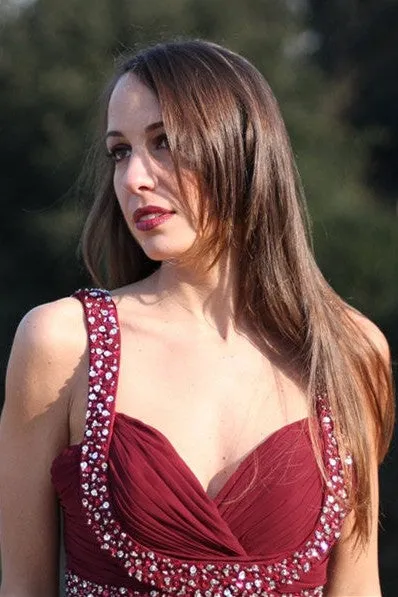 A-line Wide Strap V-neck Floor Length Chiffon Rhinestone Prom Dress