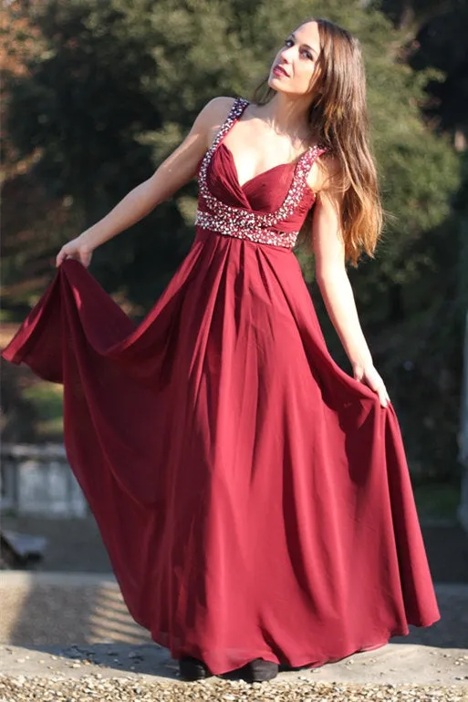 A-line Wide Strap V-neck Floor Length Chiffon Rhinestone Prom Dress