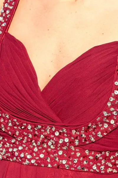 A-line Wide Strap V-neck Floor Length Chiffon Rhinestone Prom Dress