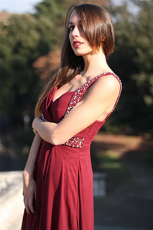 A-line Wide Strap V-neck Floor Length Chiffon Rhinestone Prom Dress
