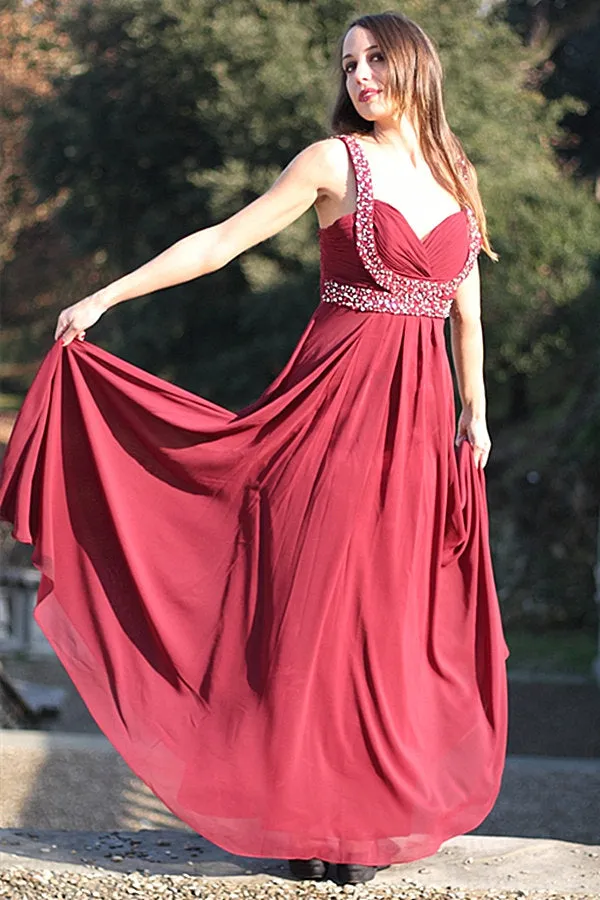 A-line Wide Strap V-neck Floor Length Chiffon Rhinestone Prom Dress