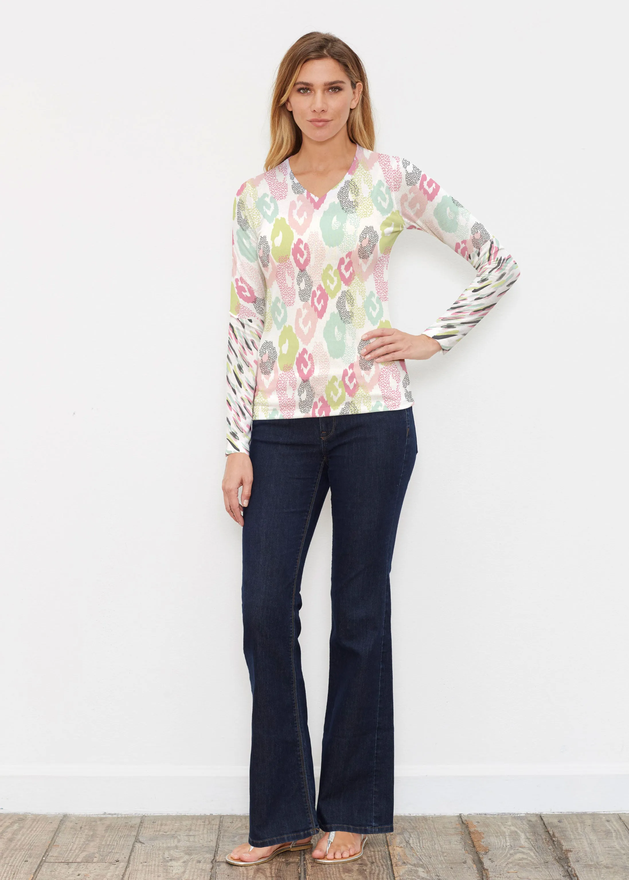 Abstract Pastel Ikat (7813) ~ Butterknit Long Sleeve V-Neck Top