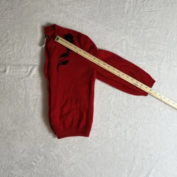 Anne Klein Womens Cashmere Cardigan Sz L Red Black Floral Whimsigoth Fairy FLAW