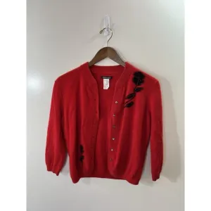 Anne Klein Womens Cashmere Cardigan Sz L Red Black Floral Whimsigoth Fairy FLAW