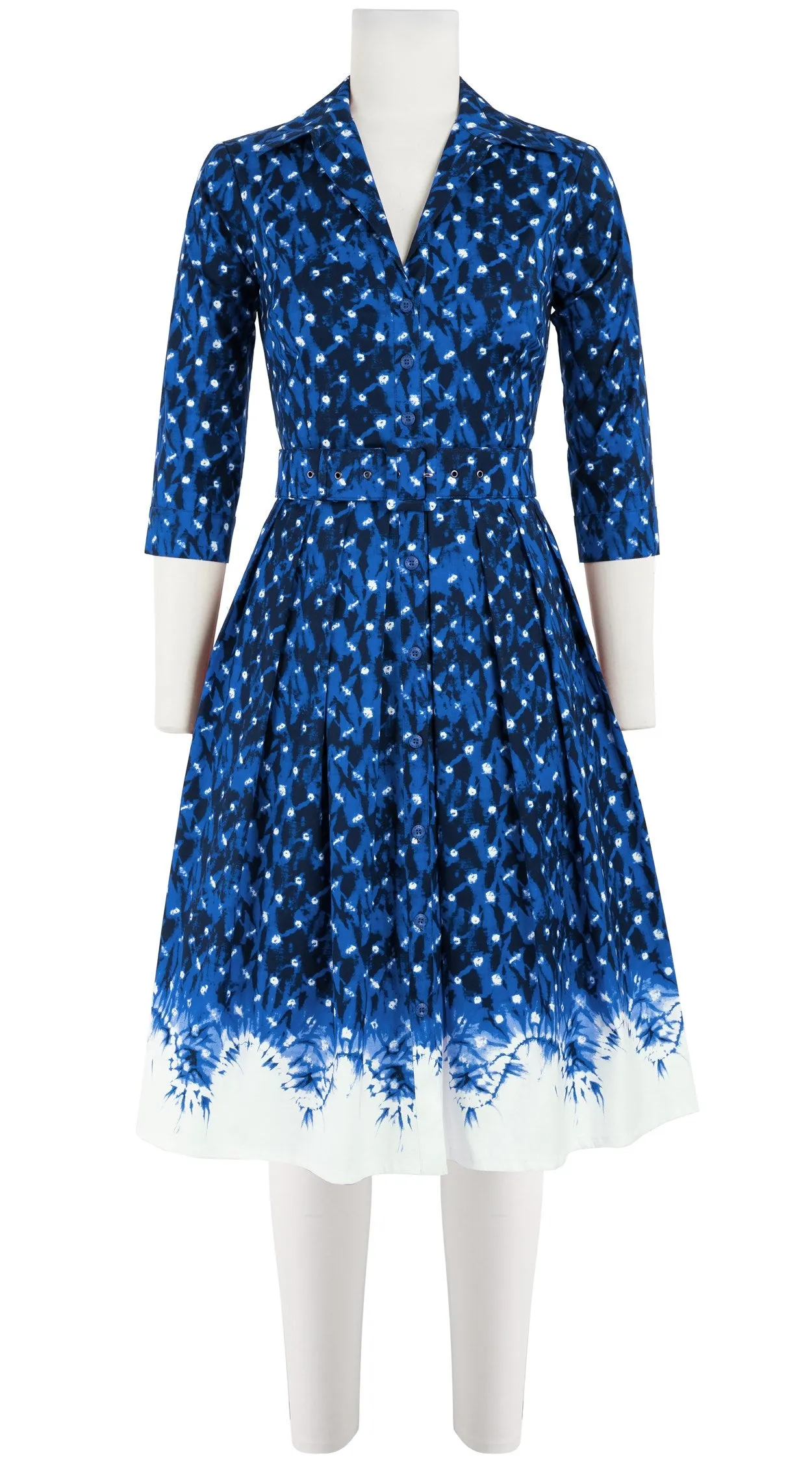 Audrey Dress #1 Shirt Collar 3/4 Sleeve Cotton Stretch (Shibori Midnight Border)