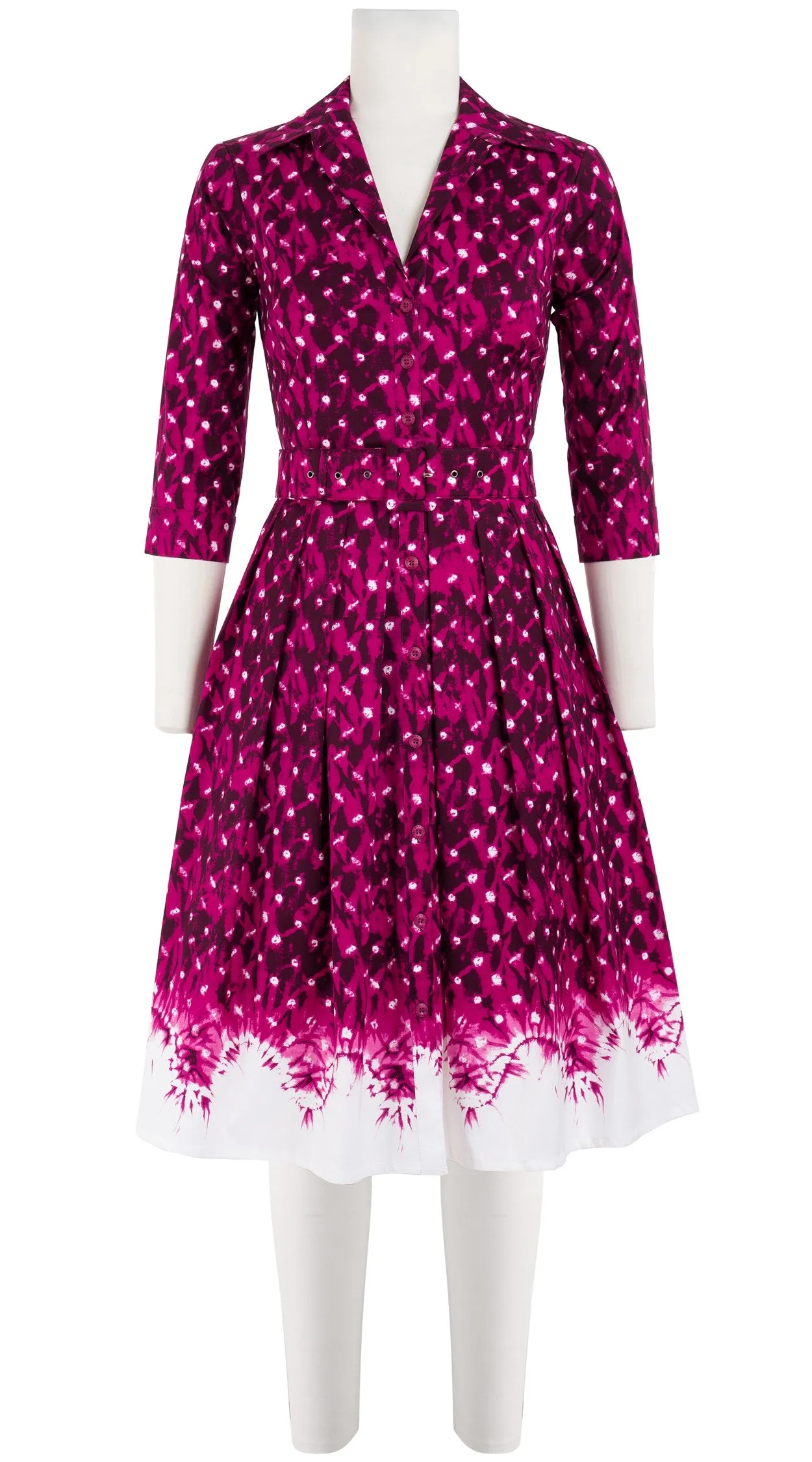 Audrey Dress #1 Shirt Collar 3/4 Sleeve Cotton Stretch (Shibori Midnight Border)