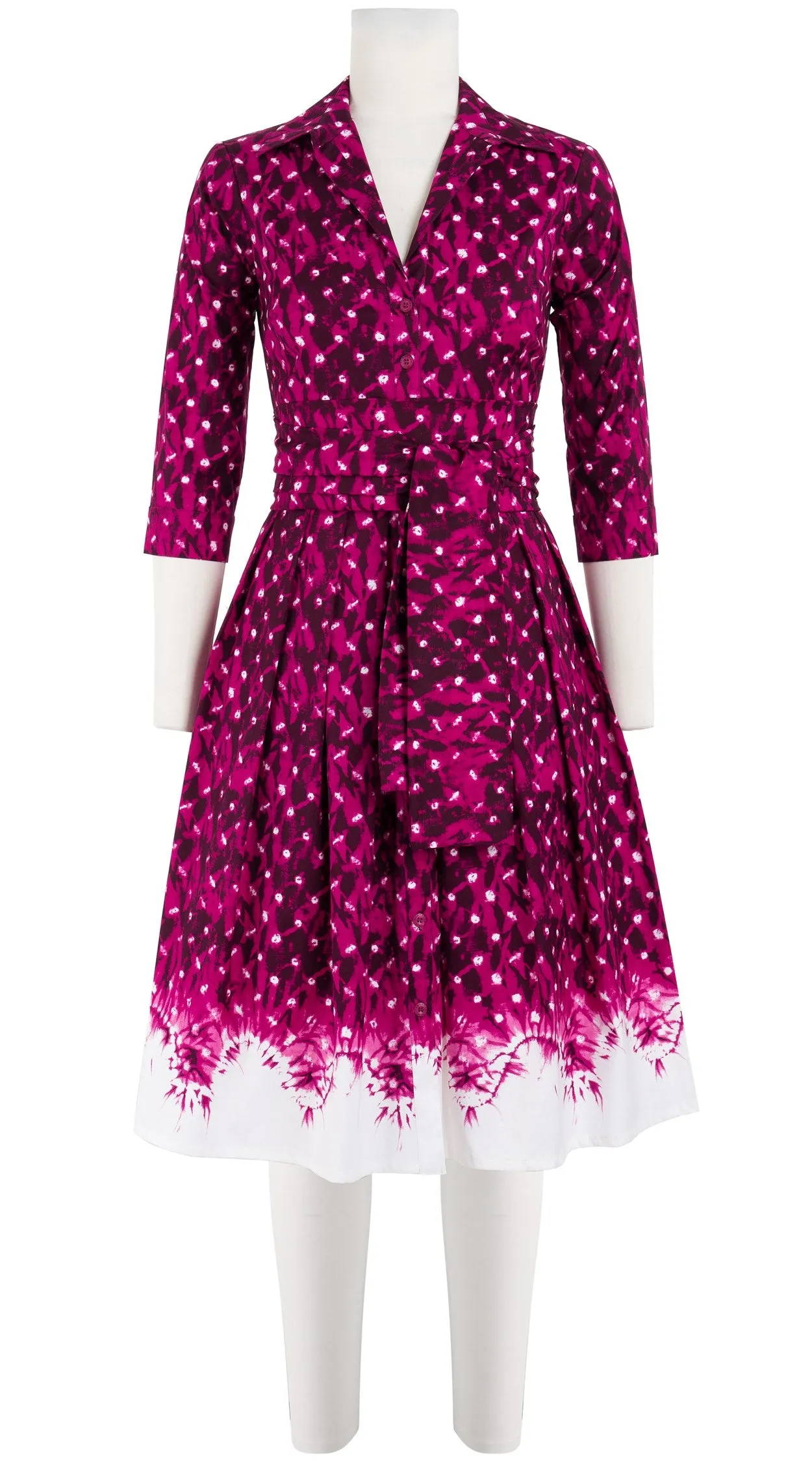 Audrey Dress #1 Shirt Collar 3/4 Sleeve Cotton Stretch (Shibori Midnight Border)