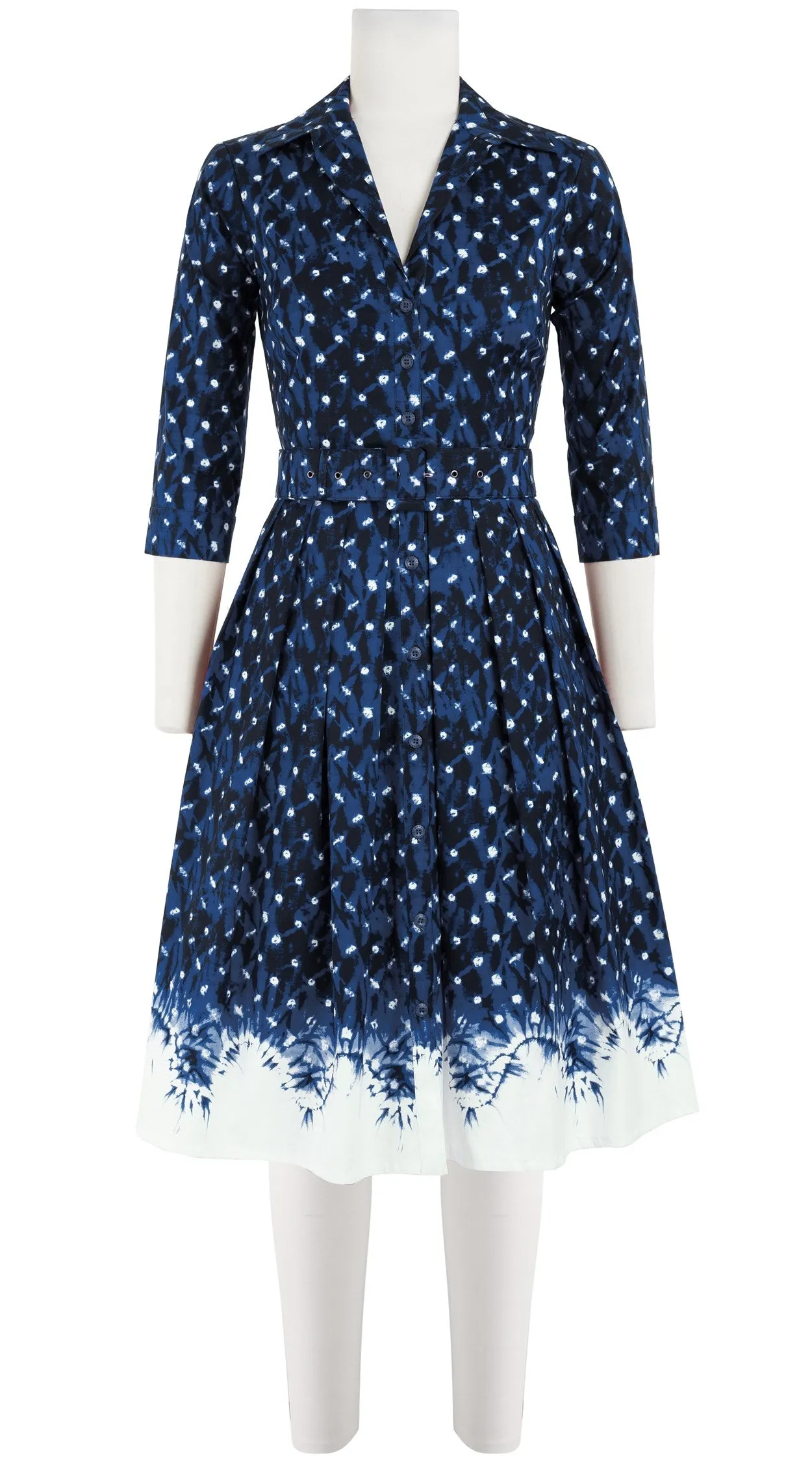 Audrey Dress #1 Shirt Collar 3/4 Sleeve Cotton Stretch (Shibori Midnight Border)