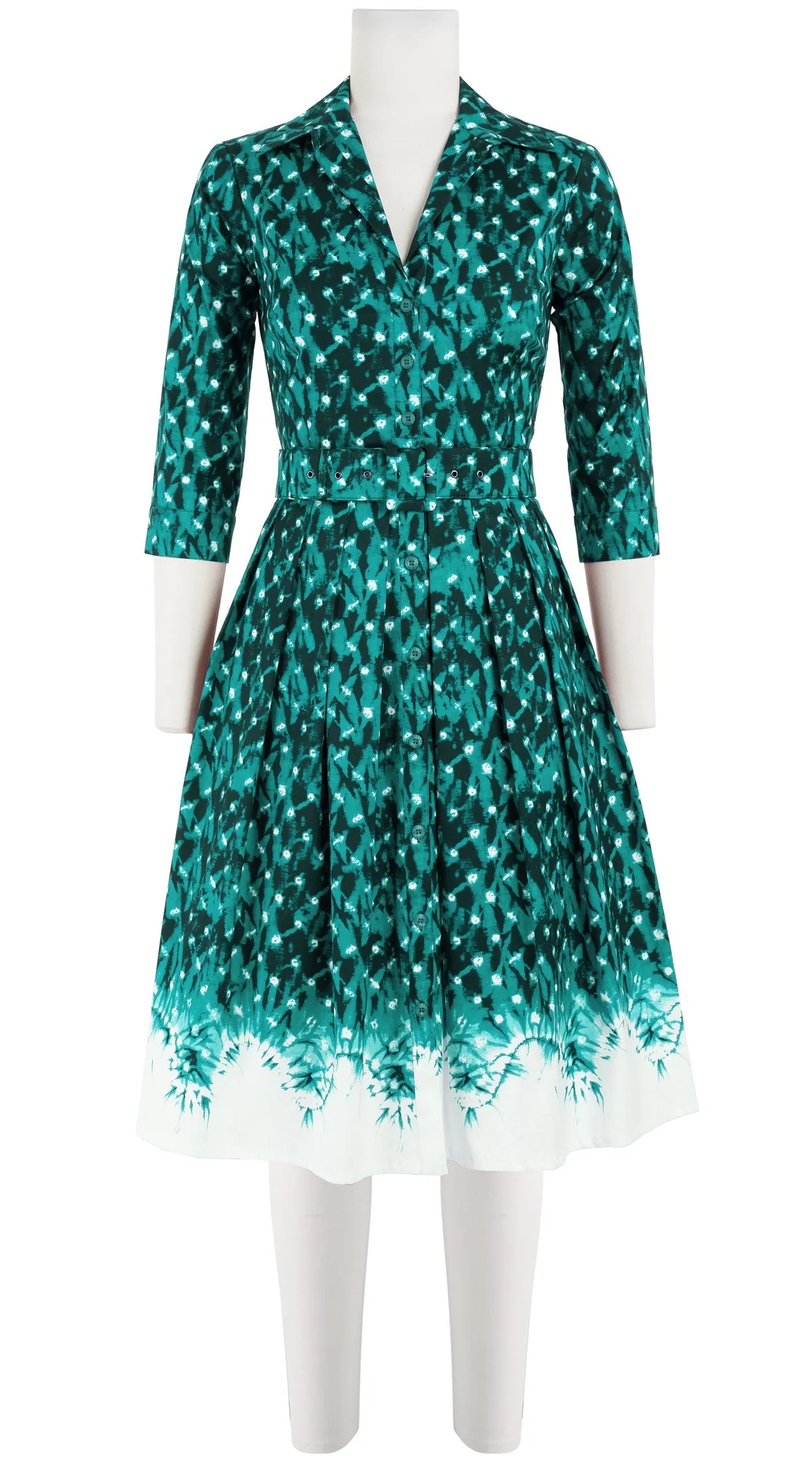 Audrey Dress #1 Shirt Collar 3/4 Sleeve Cotton Stretch (Shibori Midnight Border)