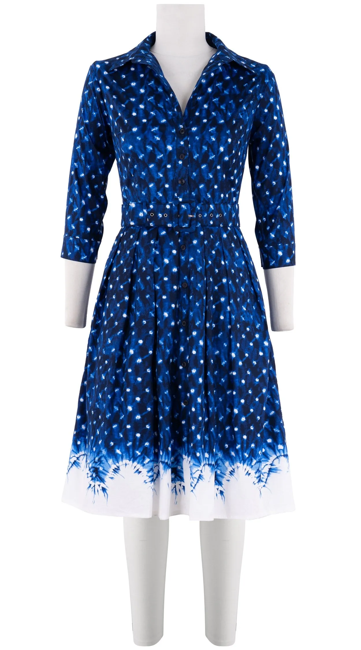 Audrey Dress #1 Shirt Collar 3/4 Sleeve Cotton Stretch (Shibori Midnight Border)
