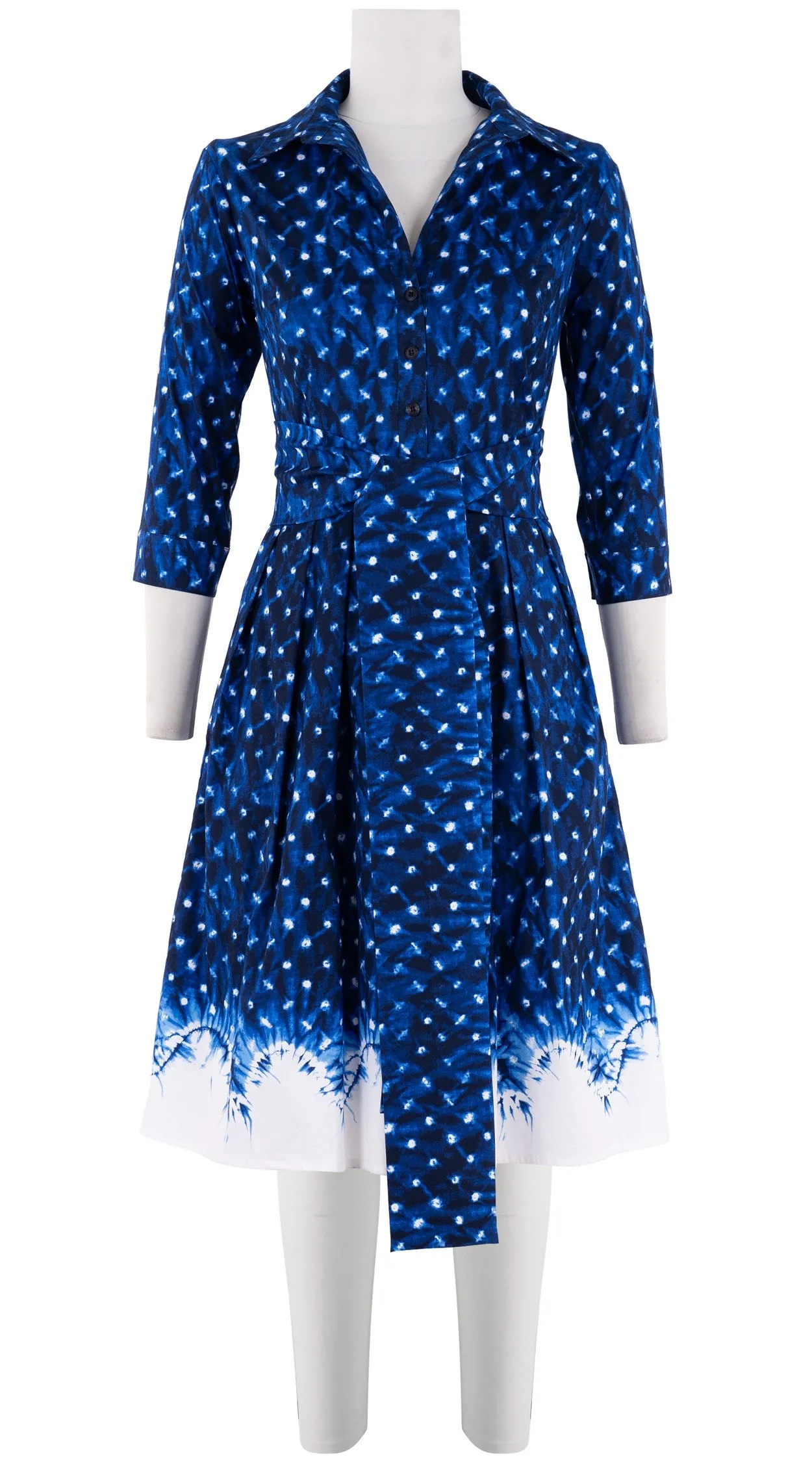 Audrey Dress #1 Shirt Collar 3/4 Sleeve Cotton Stretch (Shibori Midnight Border)