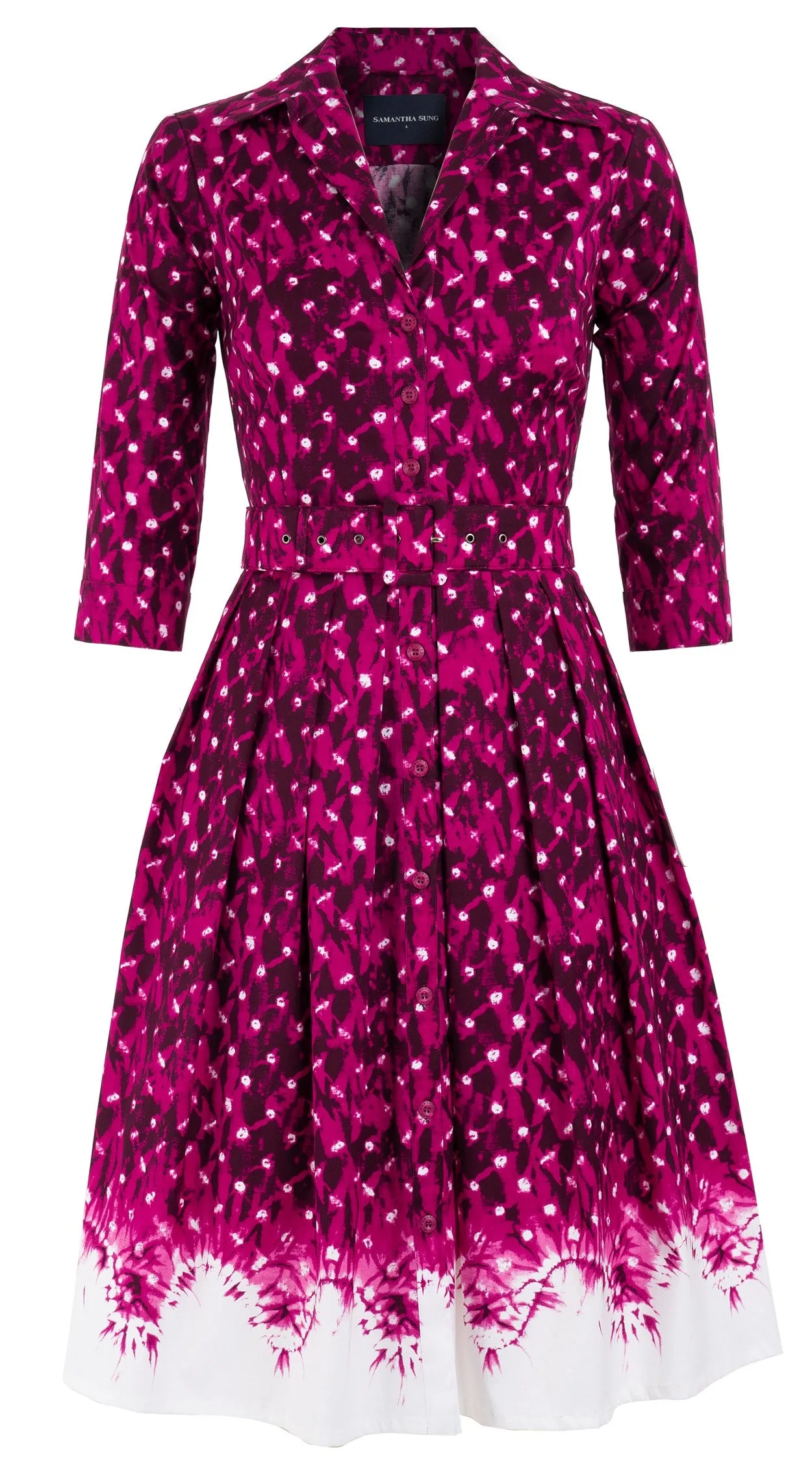 Audrey Dress #1 Shirt Collar 3/4 Sleeve Cotton Stretch (Shibori Midnight Border)