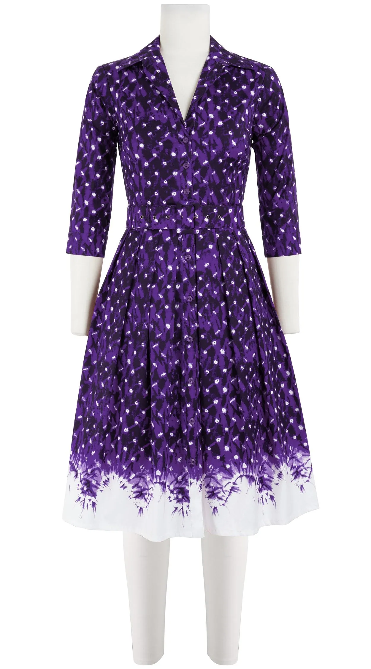 Audrey Dress #1 Shirt Collar 3/4 Sleeve Cotton Stretch (Shibori Midnight Border)