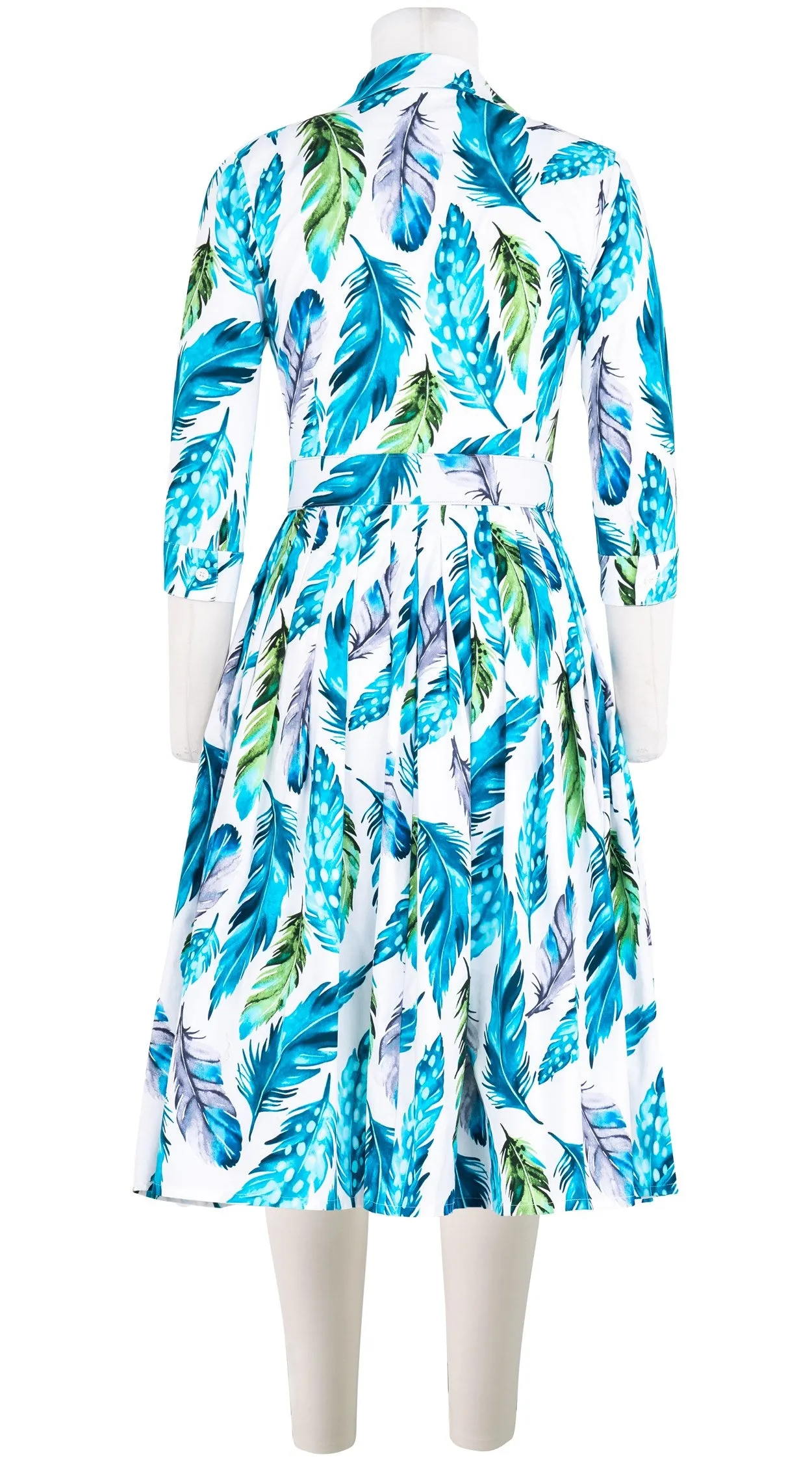 Audrey Dress #2 Shirt Collar 3/4 Sleeve Long Length Cotton Stretch (Floating Feather White)