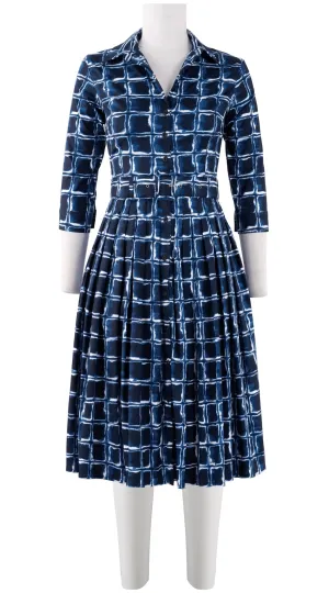Audrey Dress #2 Shirt Collar 3/4 Sleeve Long Length Cotton Stretch (Shibori Square)