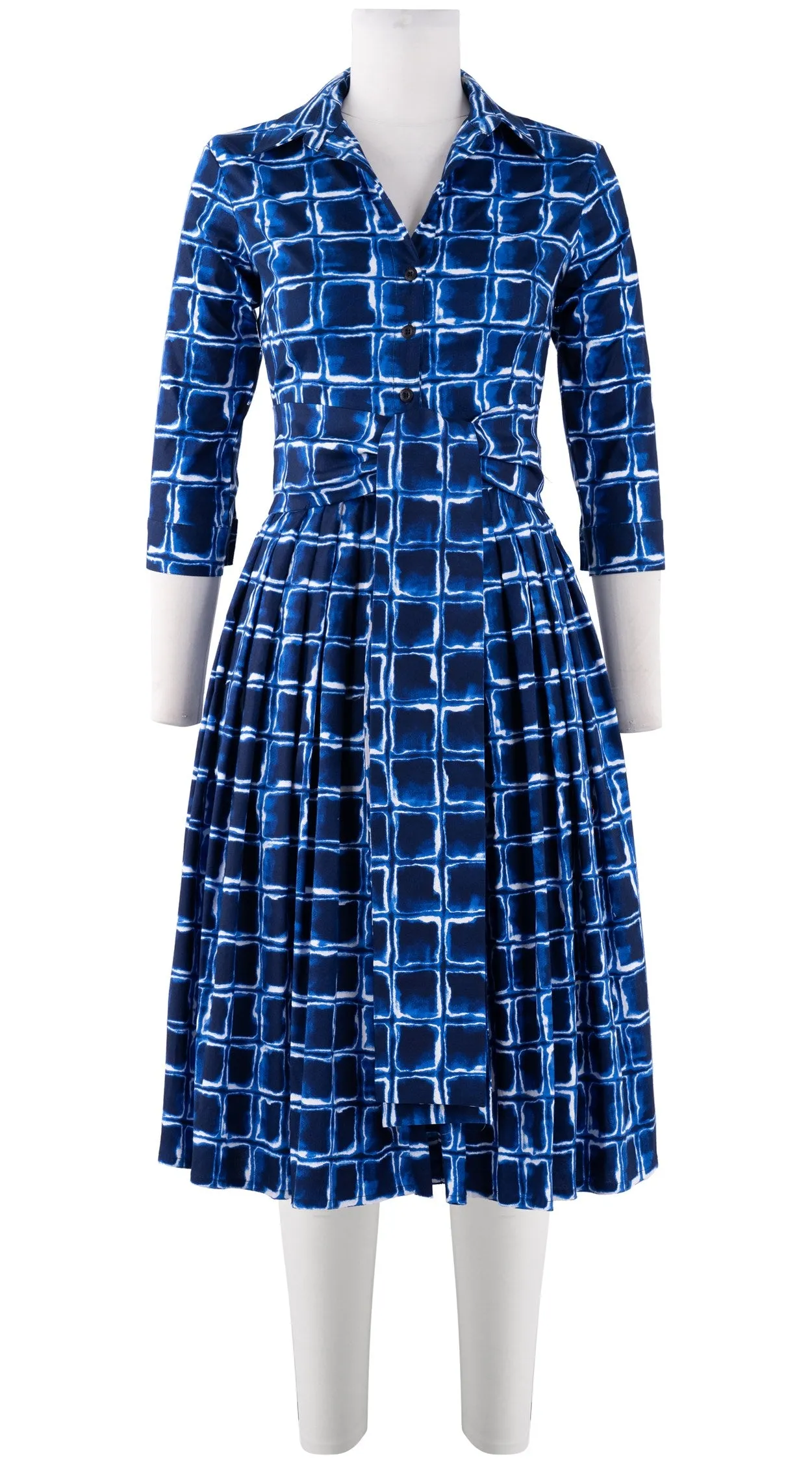 Audrey Dress #2 Shirt Collar 3/4 Sleeve Long Length Cotton Stretch (Shibori Square)