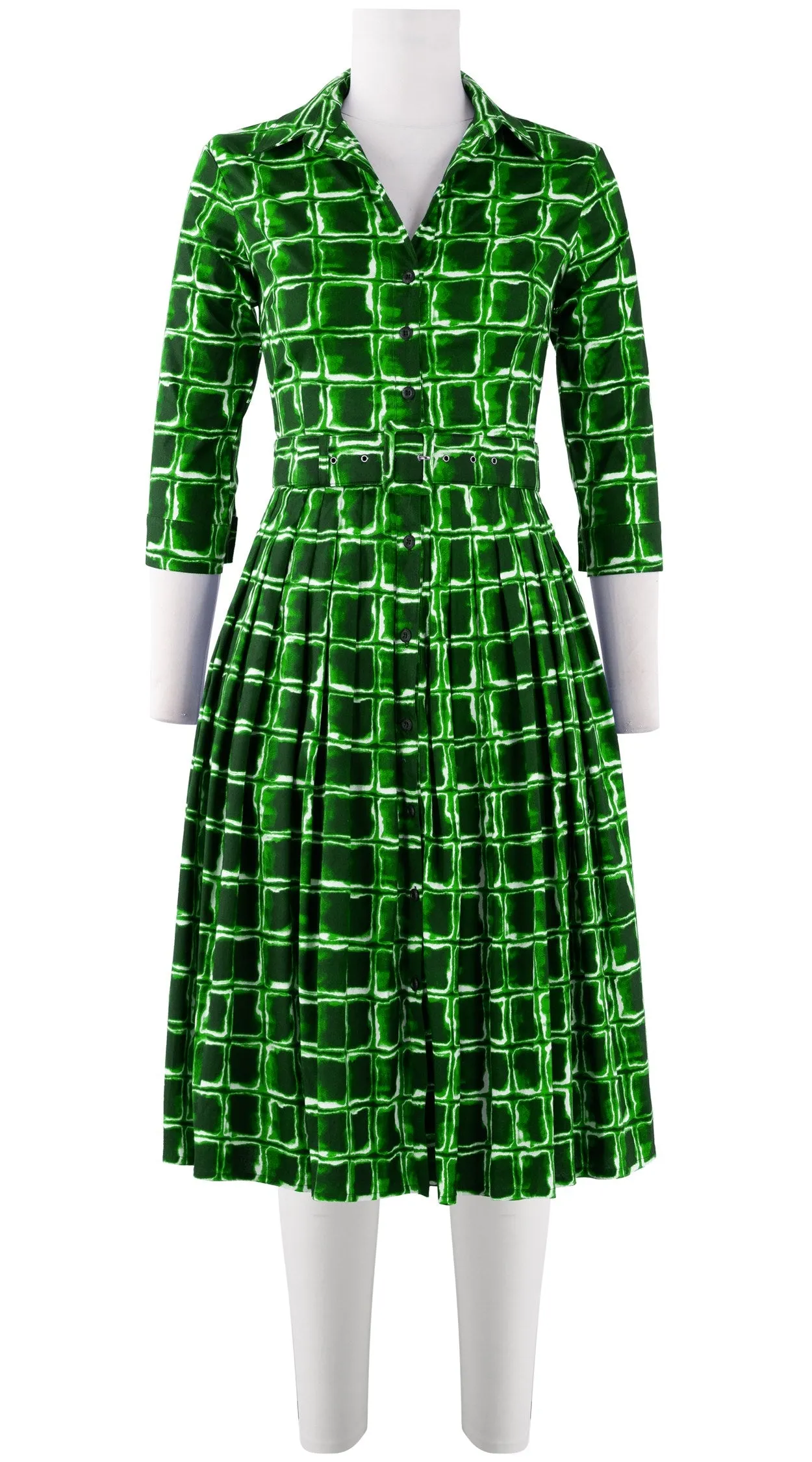 Audrey Dress #2 Shirt Collar 3/4 Sleeve Long Length Cotton Stretch (Shibori Square)