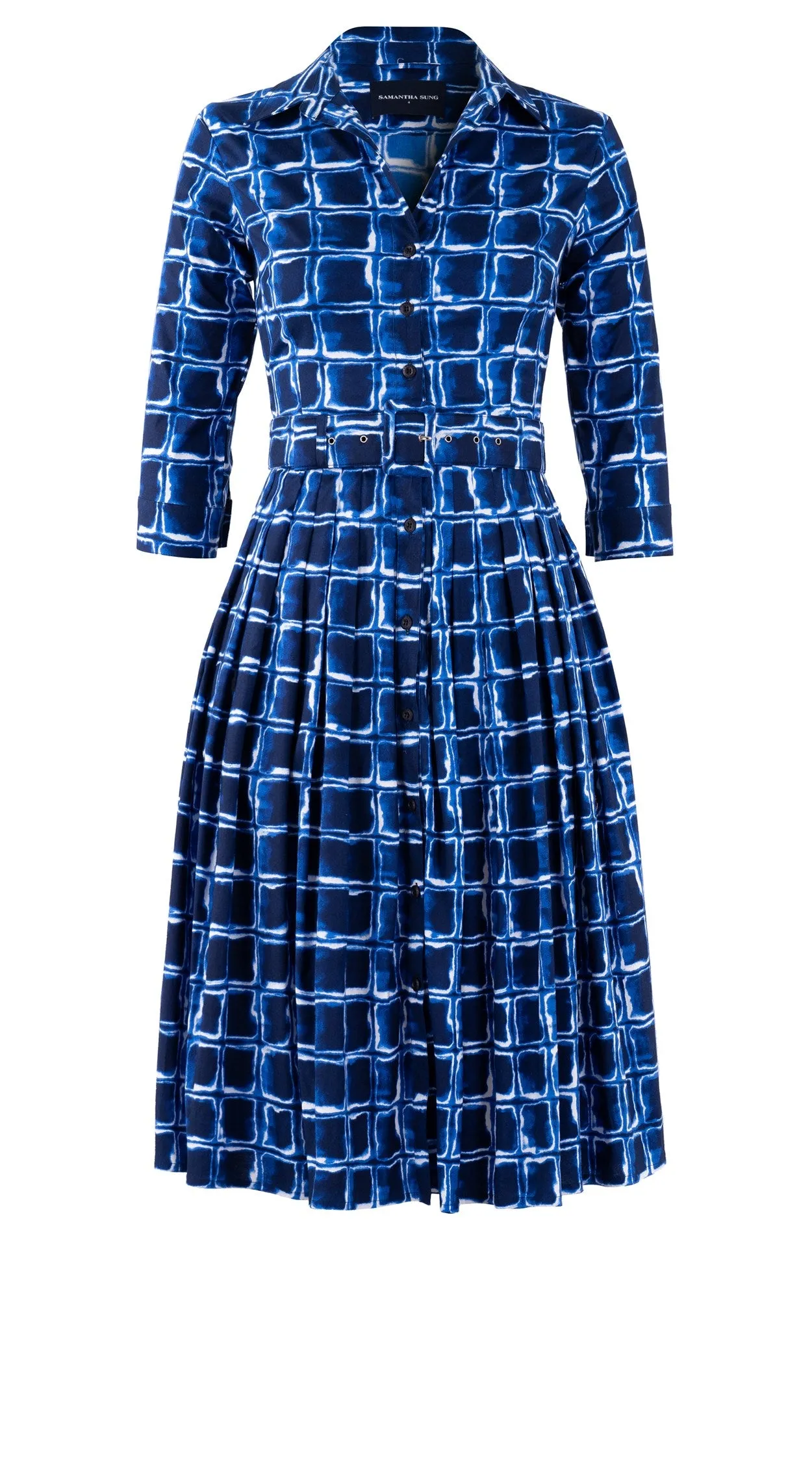 Audrey Dress #2 Shirt Collar 3/4 Sleeve Long Length Cotton Stretch (Shibori Square)