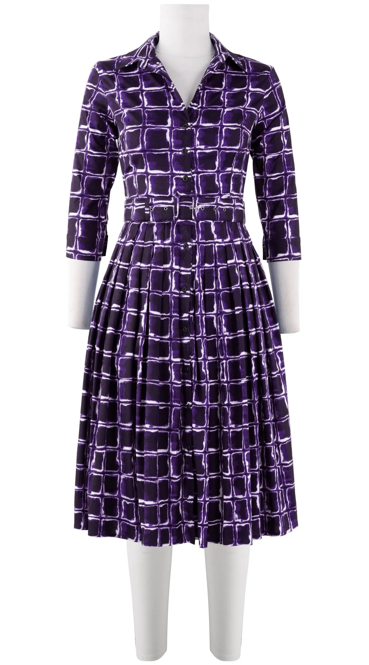 Audrey Dress #2 Shirt Collar 3/4 Sleeve Long Length Cotton Stretch (Shibori Square)