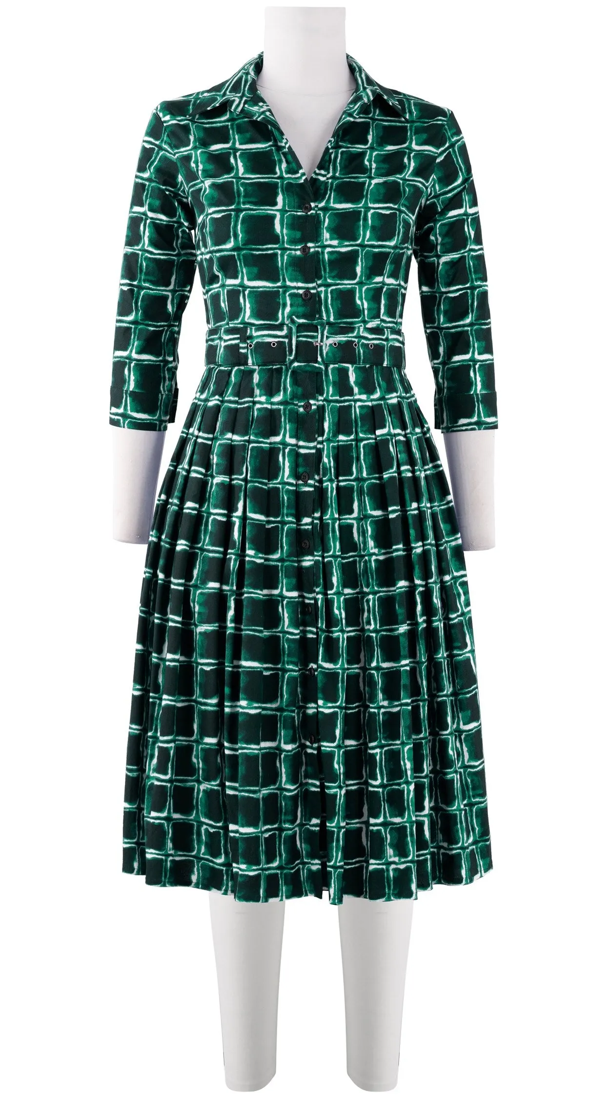 Audrey Dress #2 Shirt Collar 3/4 Sleeve Long Length Cotton Stretch (Shibori Square)