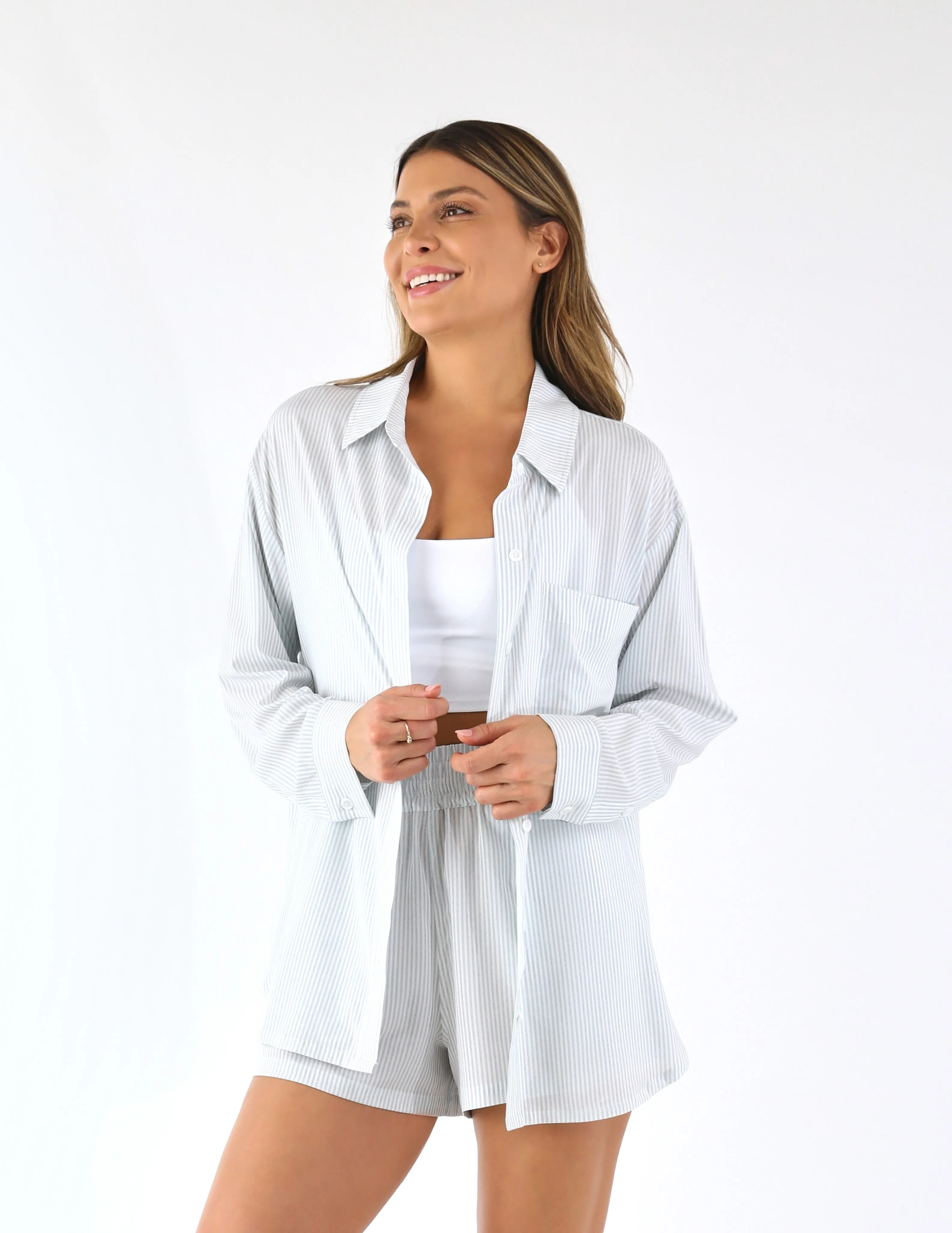 Austin Button Up: Ash Grey/White Stripe