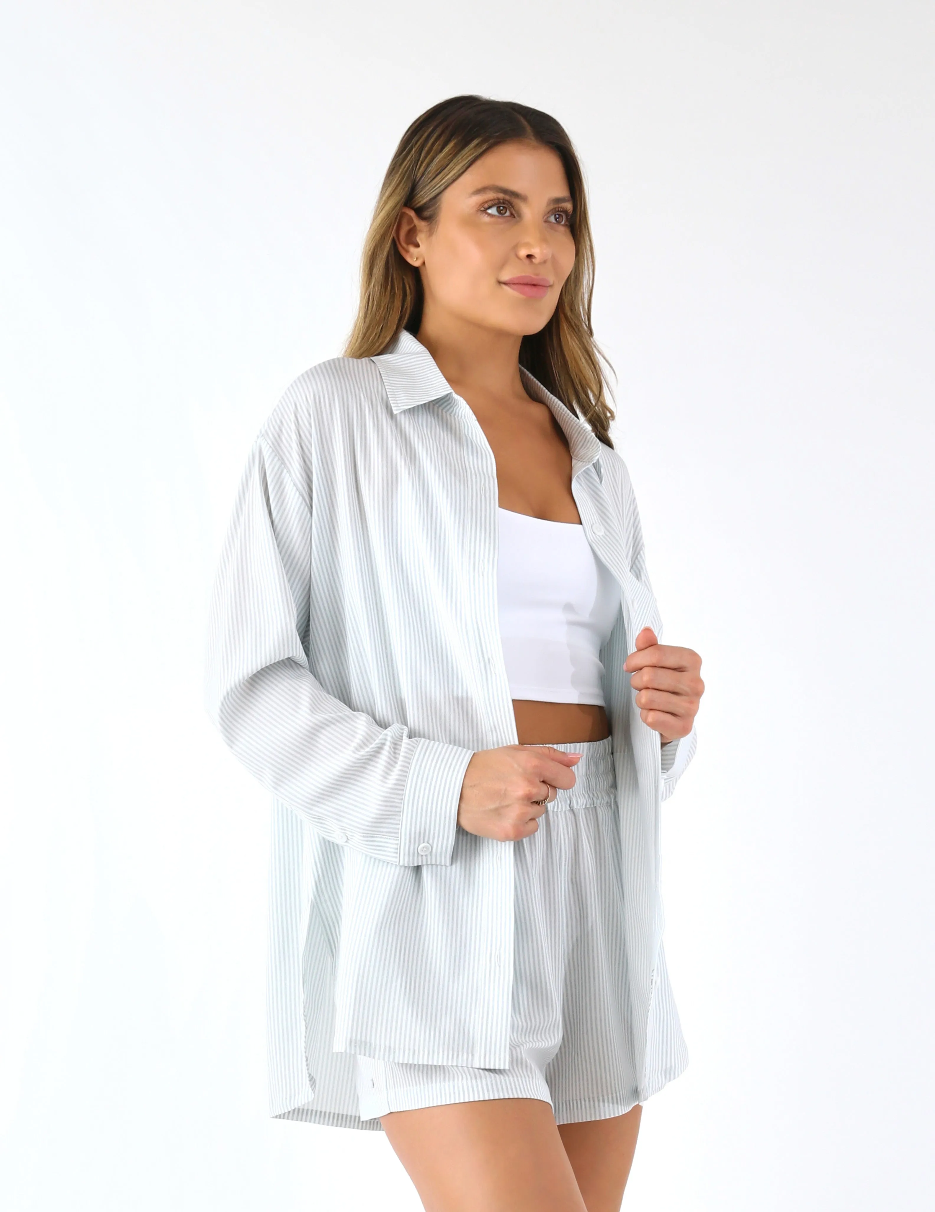 Austin Button Up: Ash Grey/White Stripe