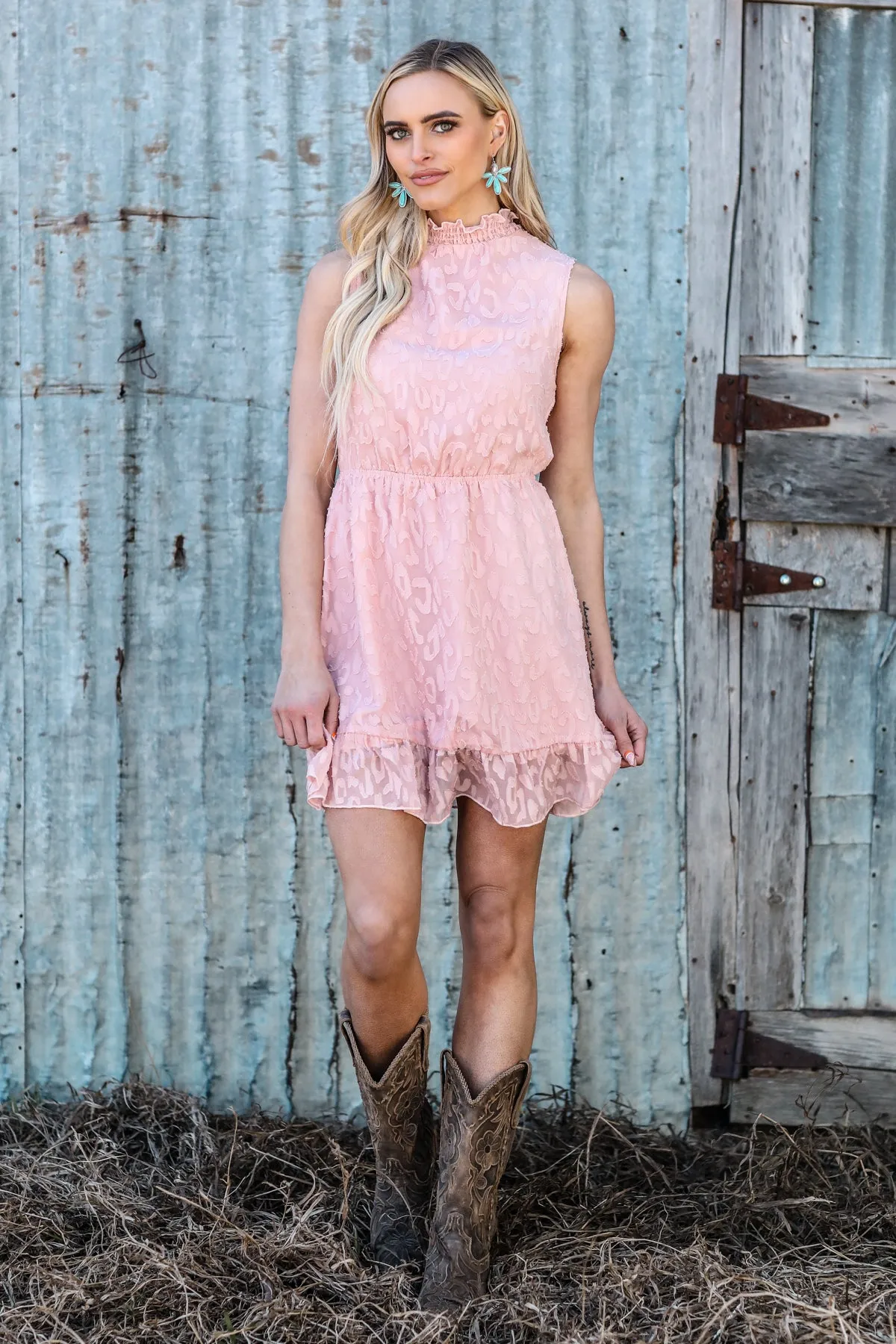 Baby Pink Animal Print Elastic Waist Dress