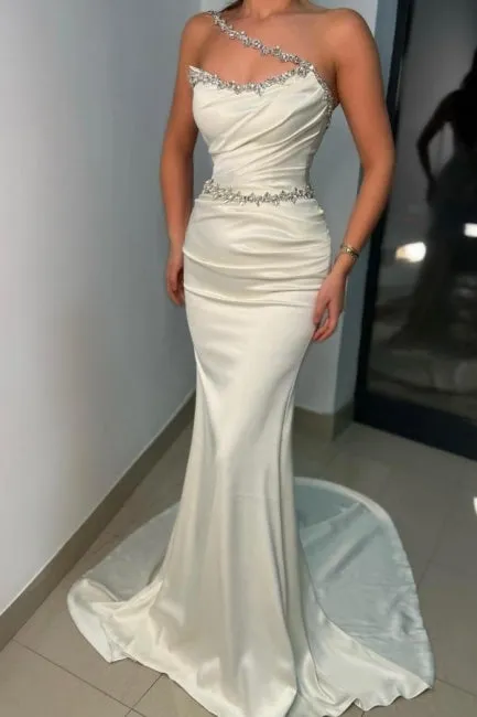 Ballbella Designer Mermaid Long White Prom Dresses One-Shoulder Sleeveless