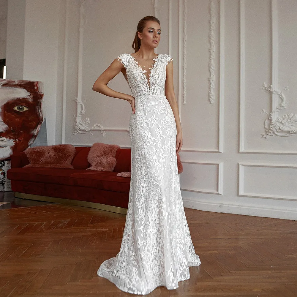 Beading Pearls Lace Mermaid Wedding Dresses