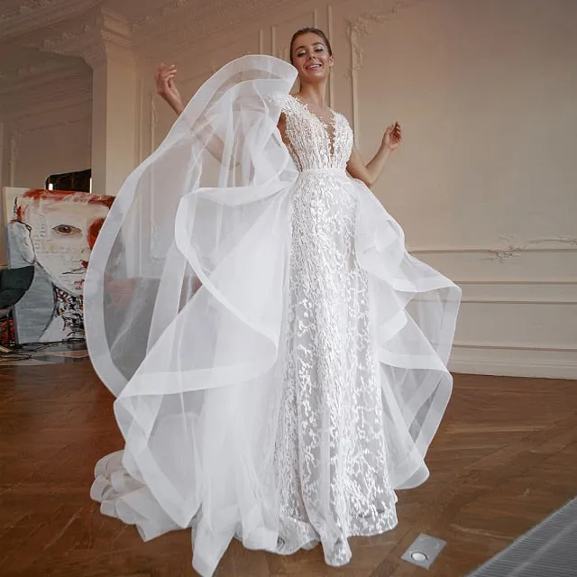 Beading Pearls Lace Mermaid Wedding Dresses