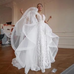 Beading Pearls Lace Mermaid Wedding Dresses