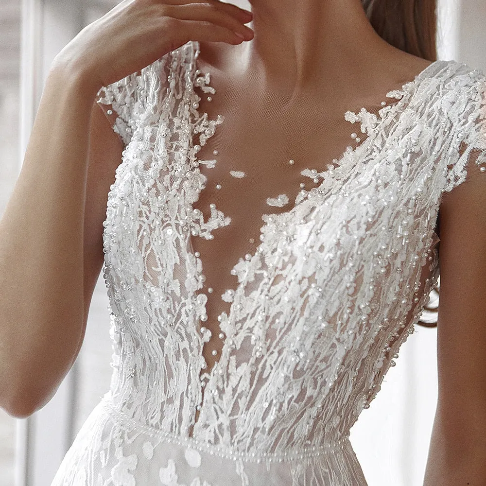 Beading Pearls Lace Mermaid Wedding Dresses