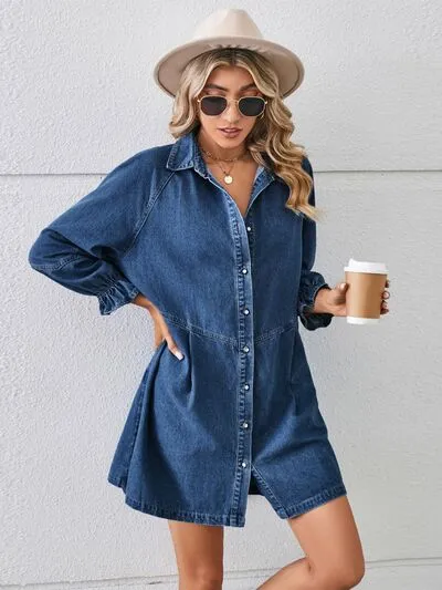 Billie Button Up Flounce Sleeve Mini Denim Dress
