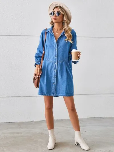 Billie Button Up Flounce Sleeve Mini Denim Dress