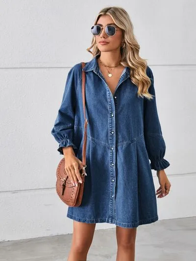 Billie Button Up Flounce Sleeve Mini Denim Dress