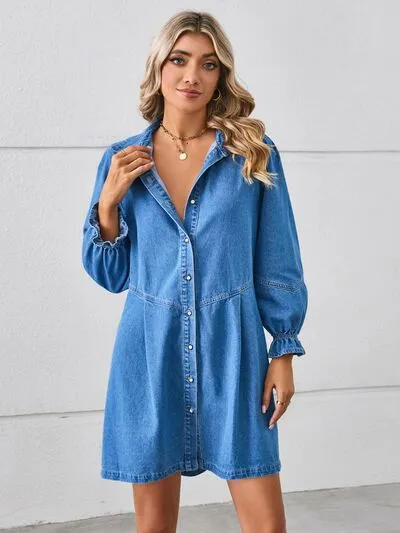 Billie Button Up Flounce Sleeve Mini Denim Dress